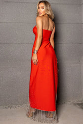 Sparkly Rhinestone Fringe High Split Bandage Strapless Evening Maxi Dress - Red 4