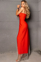 Sparkly Rhinestone Fringe High Split Bandage Strapless Evening Maxi Dress - Red 3