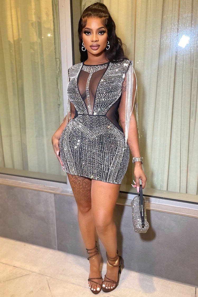 Rhinestone Fringe Sheer Mesh Panel Sleeveless Bodycon Party Mini Dress