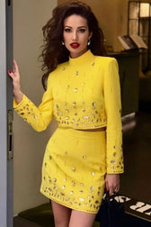 Sparkly Rhinestone High Neck Crop Top High Waist Two Piece Mini Dress - Yellow 4