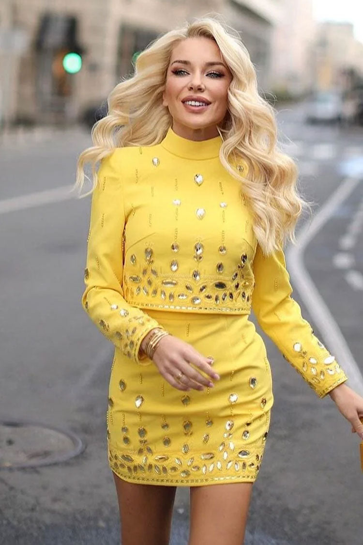 Rhinestone Mock Neck Long Sleeve Crop Top and Mini Skirt Two Piece Set