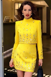 Sparkly Rhinestone High Neck Crop Top High Waist Two Piece Mini Dress - Yellow 5