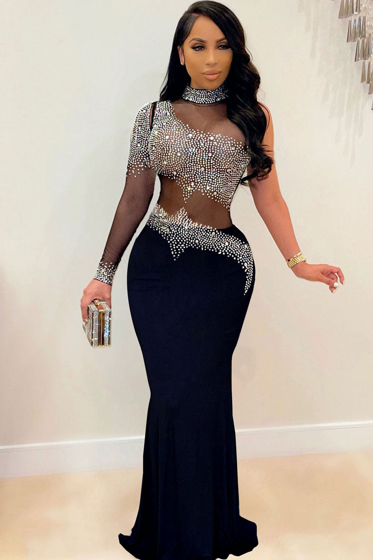 Rhinestone Sheer Mesh High Neck One Sleeve Mermaid Maxi Evening Gown