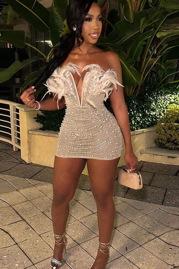 Sparkly Rhinestone Mesh Feather Deep V Strapless Party Mini Dress - Apricot 2