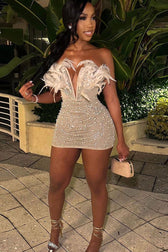 Sparkly Rhinestone Mesh Feather Deep V Strapless Party Mini Dress - Apricot 2