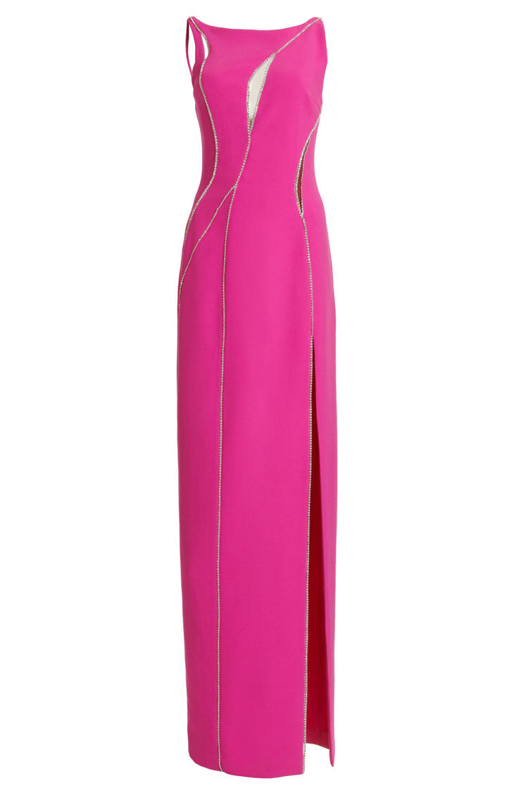 Sparkly Rhinestone Mesh Panel Sleeveless Split Evening Maxi Dress - Hot Pink 2