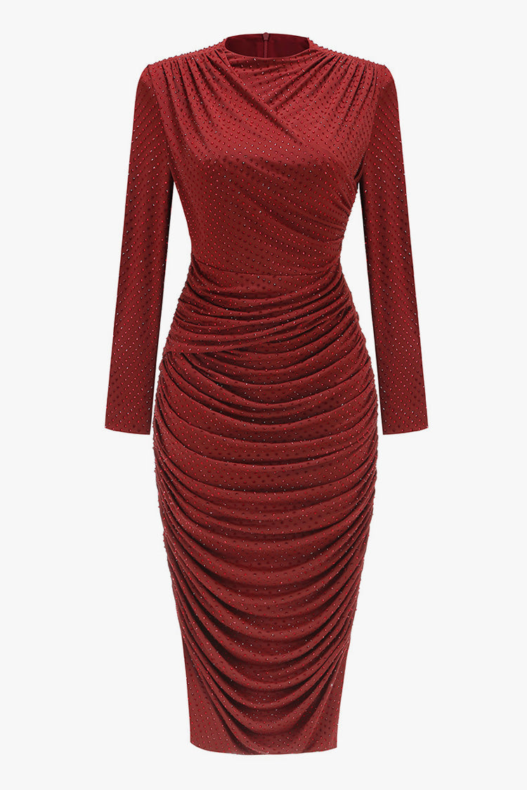 Sparkly Rhinestone Mock Neck Long Sleeve Ruched Cocktail Midi Dress