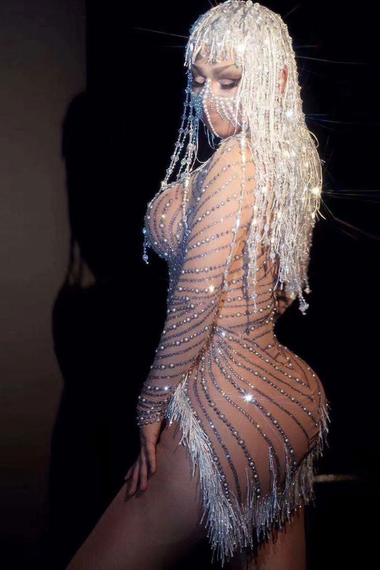 Sparkly Rhinestone Pearl High Neck Sheer Mesh Fringe Split Party Mini Dress - Nude 2