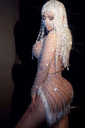 Sparkly Rhinestone Pearl High Neck Sheer Mesh Fringe Split Party Mini Dress - Nude 2