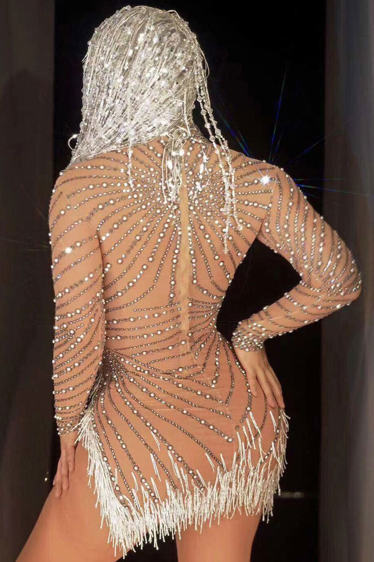 Sparkly Rhinestone Pearl High Neck Sheer Mesh Fringe Split Party Mini Dress - Nude 3