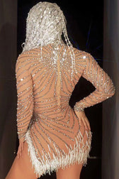 Sparkly Rhinestone Pearl High Neck Sheer Mesh Fringe Split Party Mini Dress - Nude 3