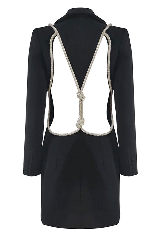 Sparkly Rhinestone Rope Cutout Back Lapel Blazer Mini Dress - Black 4