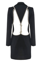 Sparkly Rhinestone Rope Cutout Back Lapel Blazer Mini Dress - Black 4