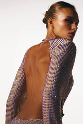 Sparkly Rhinestone Rosette Cutout Backless Mesh Ruched Party Mini Dress - Apricot 2