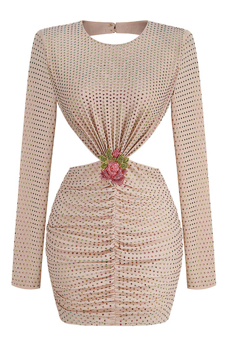Sparkly Rhinestone Rosette Cutout Backless Mesh Ruched Party Mini Dress - Apricot 3