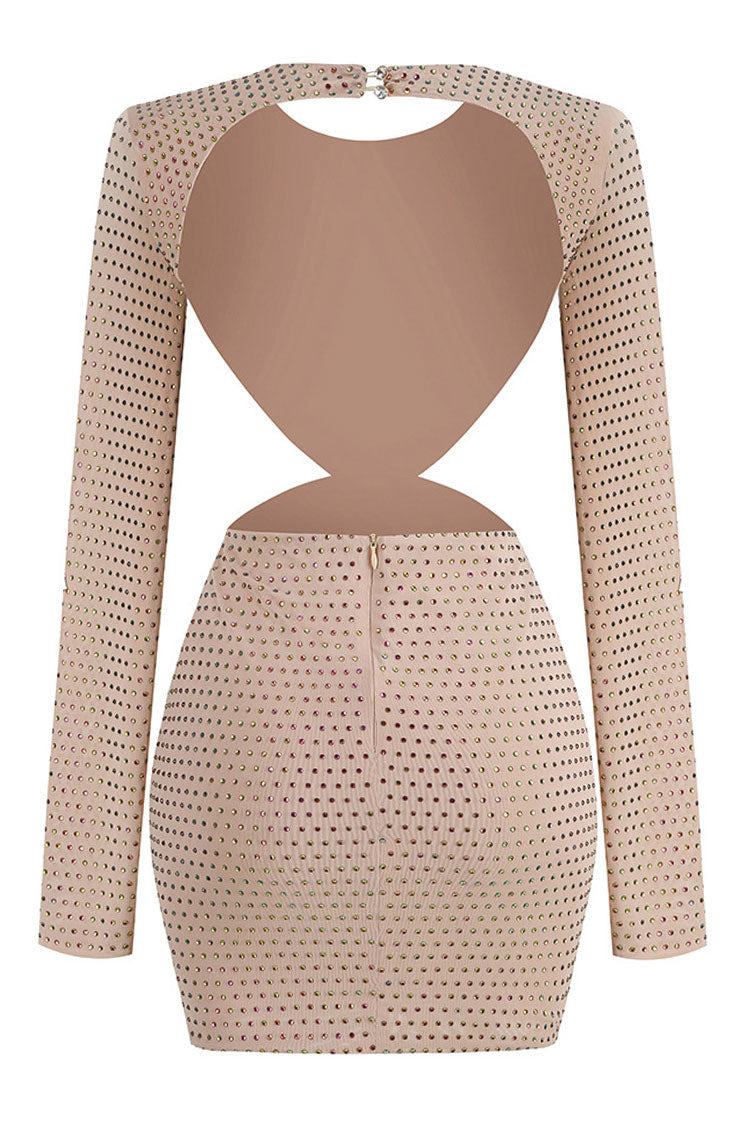 Sparkly Rhinestone Rosette Cutout Backless Mesh Ruched Party Mini Dress - Apricot 4