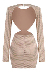 Sparkly Rhinestone Rosette Cutout Backless Mesh Ruched Party Mini Dress - Apricot 4