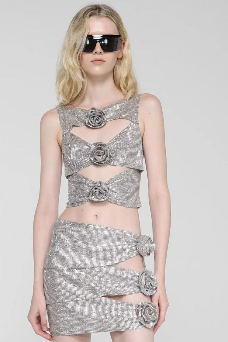 Sparkly Rhinestone Rosette Cutout Mesh Top Mini Skirt Two Piece Dress - Silver 3