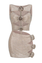Sparkly Rhinestone Rosette Cutout Mesh Top Mini Skirt Two Piece Dress - Silver 4
