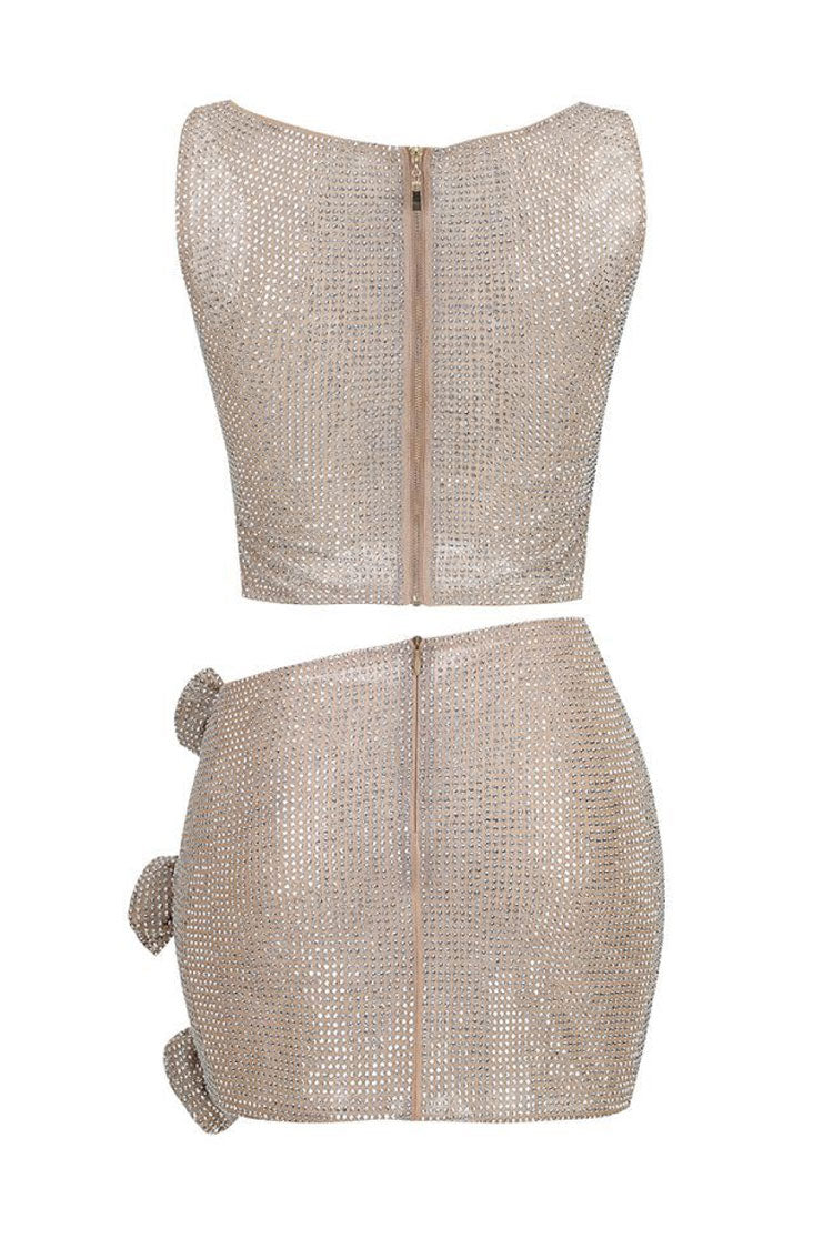 Sparkly Rhinestone Rosette Cutout Mesh Top Mini Skirt Two Piece Dress - Silver 5