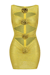 Sparkly Rhinestone Rosette Cutout Semi Sheer Mesh Sleeveless Party Mini Dress - Yellow 4