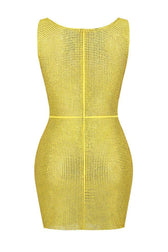 Sparkly Rhinestone Rosette Cutout Semi Sheer Mesh Sleeveless Party Mini Dress - Yellow 5