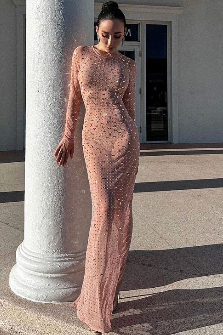 Rhinestone Sheer Mesh Round Neck Long Sleeve Bodycon Maxi Dress