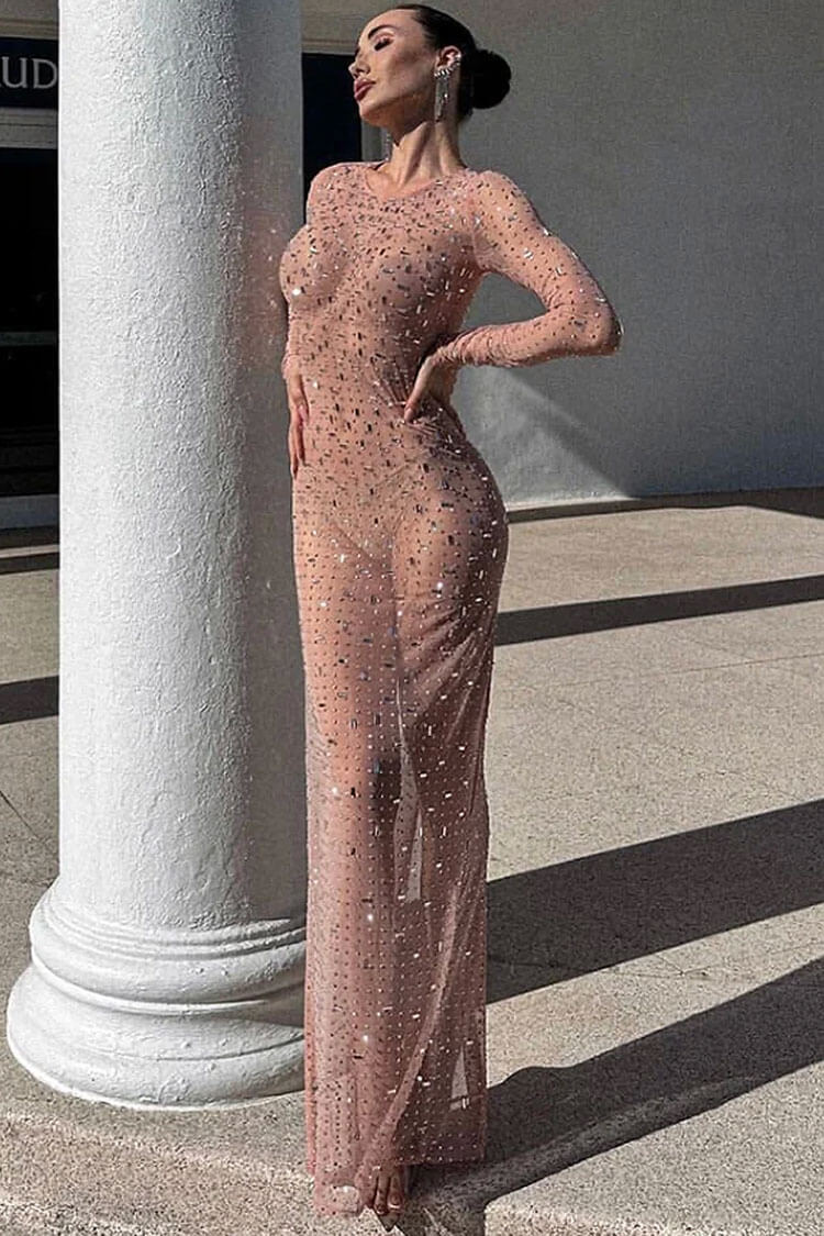 Sparkly Rhinestone Round Neck Long Sleeve Split Sheer Mesh Maxi Dress - Pink 2