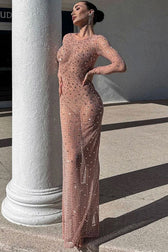 Sparkly Rhinestone Round Neck Long Sleeve Split Sheer Mesh Maxi Dress - Pink 2