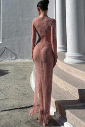 Sparkly Rhinestone Round Neck Long Sleeve Split Sheer Mesh Maxi Dress - Pink 3