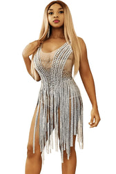 Sparkly Rhinestone Scoop Neck Sheer Mesh Fringe Romper Mini Dress - Silver 3