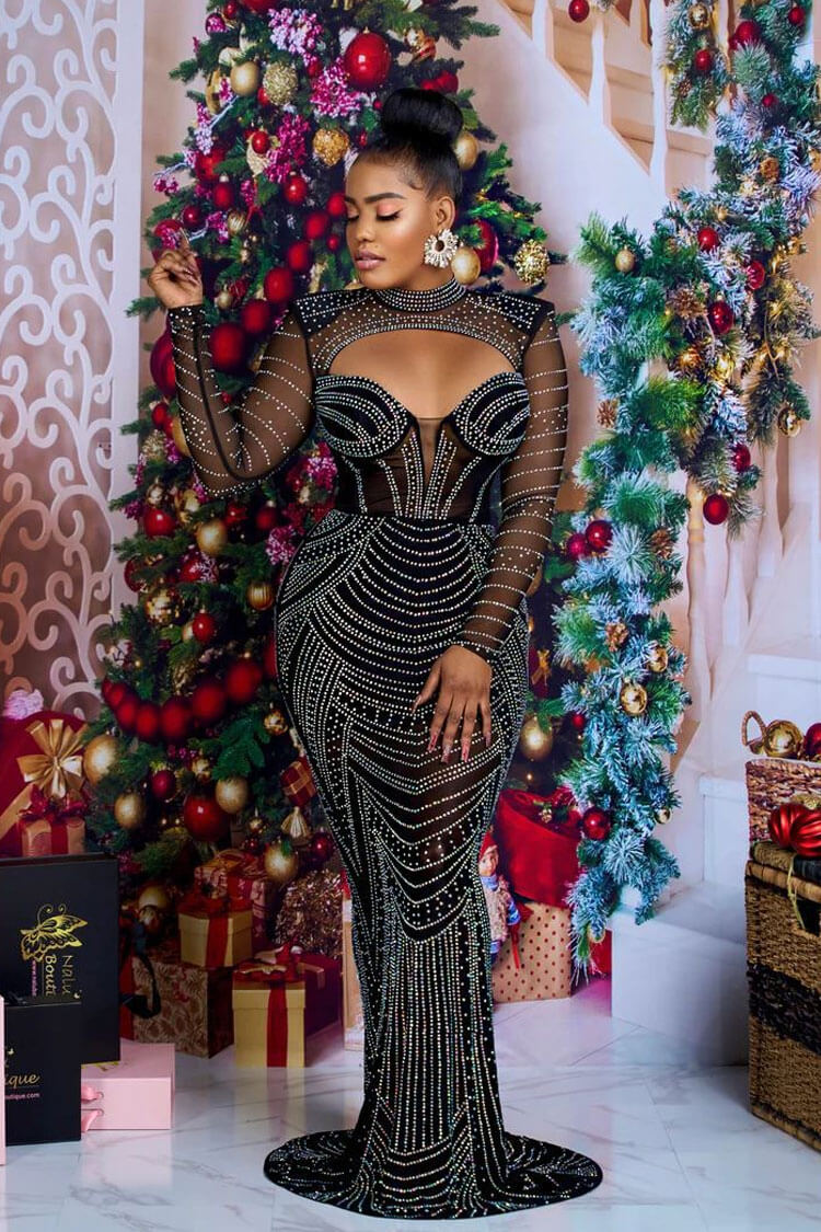 Rhinestone Sheer Mesh Long Sleeve Mock Neck Cut Out Mermaid Maxi Dress