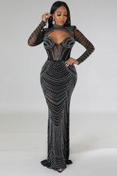 Sparkly Rhinestone Sheer Mesh High Neck Cutout Evening Maxi Dress - Black 4