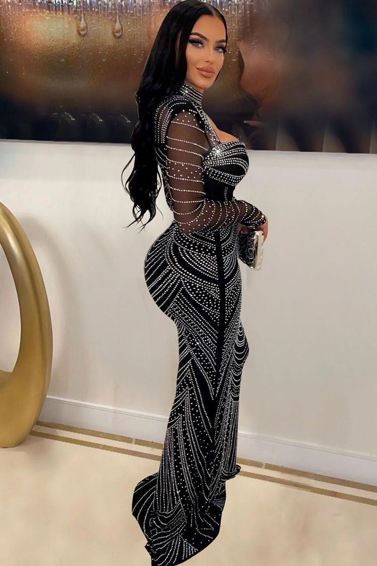 Sparkly Rhinestone Sheer Mesh High Neck Cutout Evening Maxi Dress - Black 3