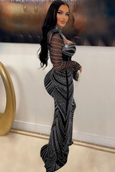 Sparkly Rhinestone Sheer Mesh High Neck Cutout Evening Maxi Dress - Black 3
