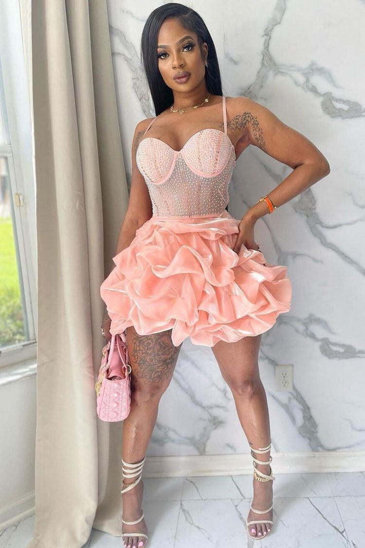 Sparkly Rhinestone Sheer Mesh Sleeveless Ruffle Party Mini Dress - Pink 3
