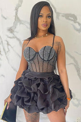 Sparkly Rhinestone Sheer Mesh Sleeveless Ruffle Party Mini Dress - Black 2