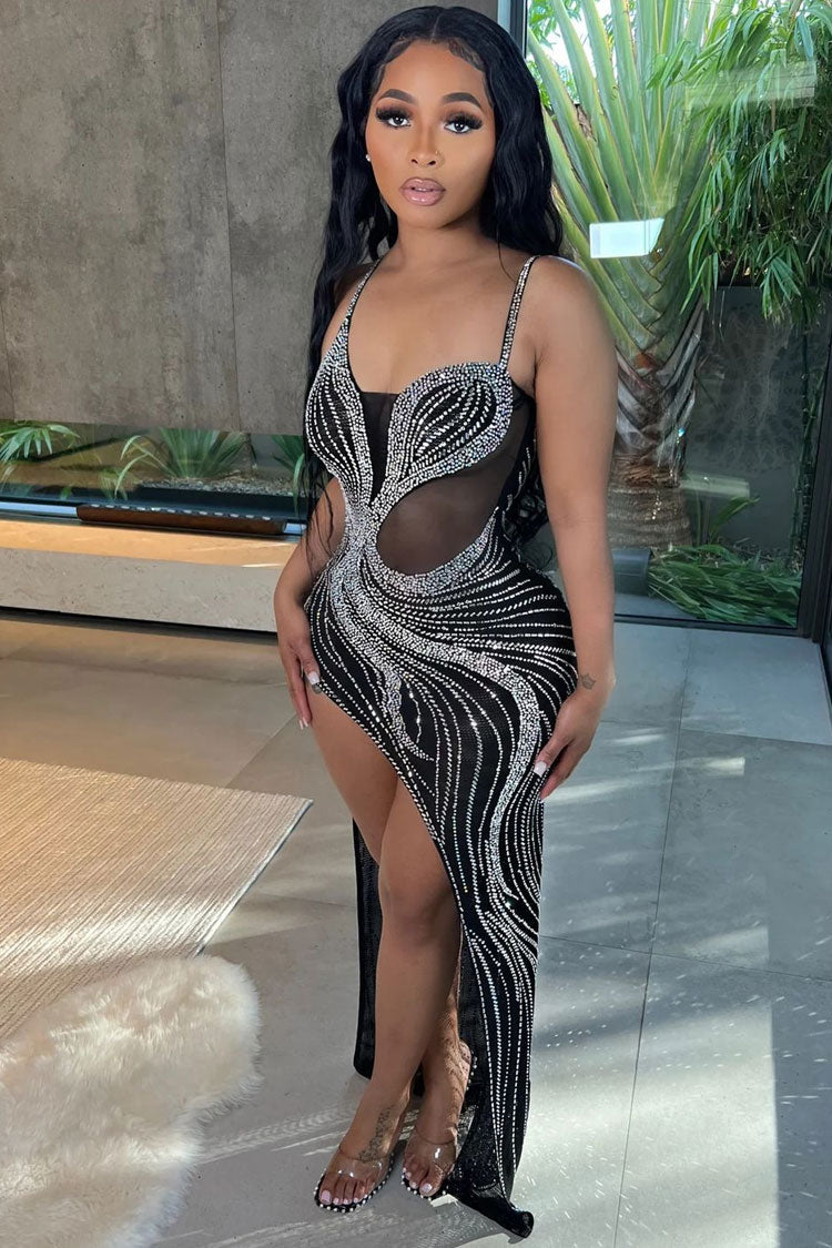 Rhinestone Sheer Mesh Cut Out Spaghetti Strap High Split Maxi Dress