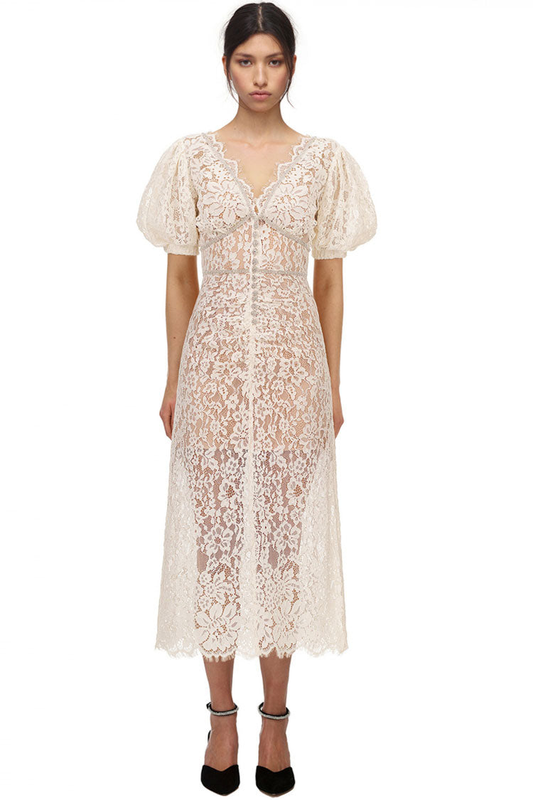 Lace V-Neck Puff Sleeve Button Front Scalloped Hem Midi Dress