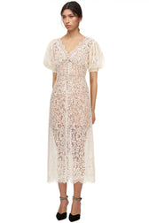 Sparkly Rhinestone V Neck Lace Cocktail Party Midi Dress - Cream 2