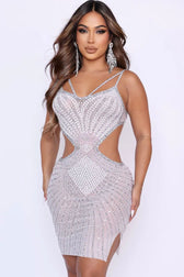 Sparkly Rhinestone V Neck Sheer Mesh Cutout Party Mini Dress - Ivory 2