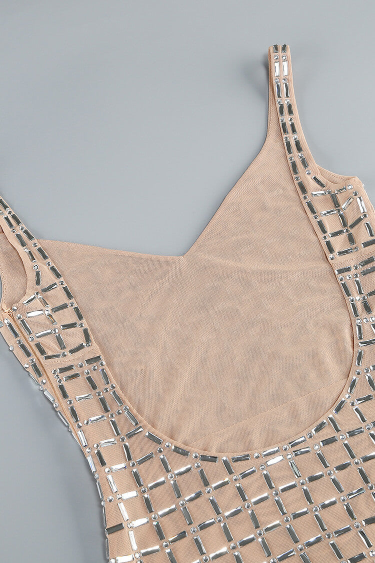 Sparkly Rhinestone V Neck Sleeveless Mesh Split Cocktail Midi Dress