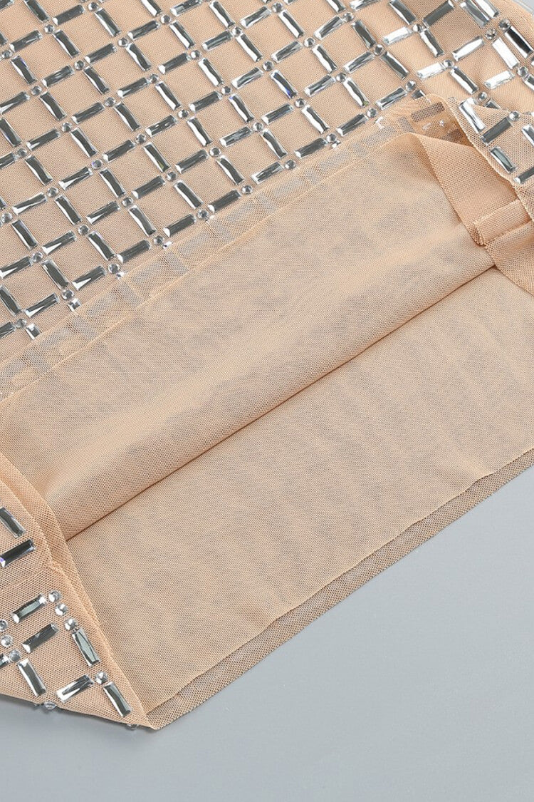 Sparkly Rhinestone V Neck Spaghetti Strap Bodycon Mesh Party Mini Dress