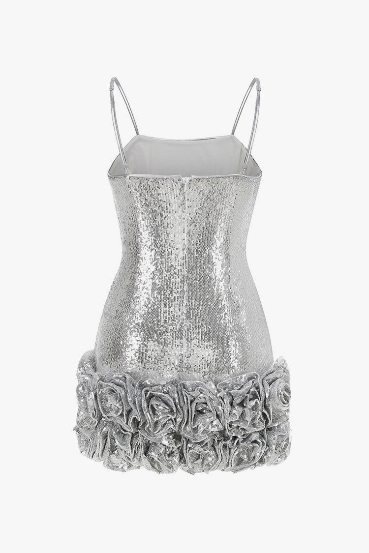 Sparkly Rosette Spaghetti Strap Sleeveless Bodycon Sequin Party Mini Dress