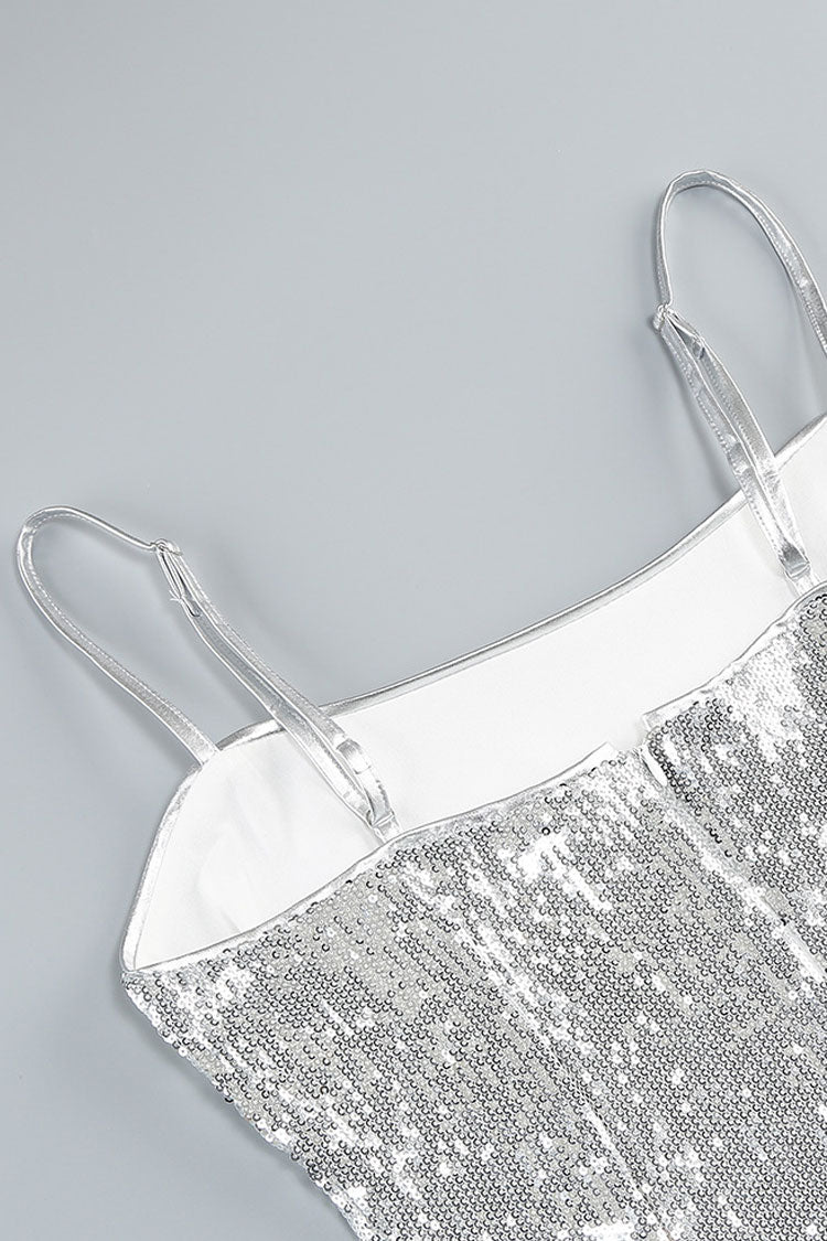 Sparkly Rosette Spaghetti Strap Sleeveless Bodycon Sequin Party Mini Dress