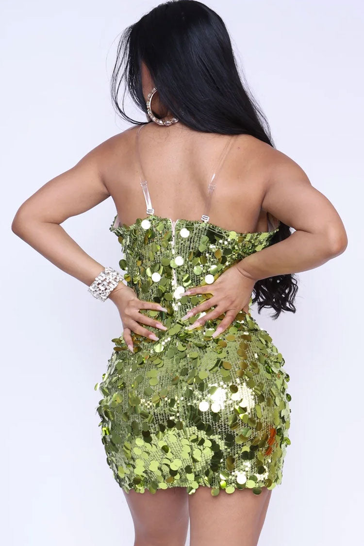 Sparkly Sequin Choker Deep V Sheer Mesh Bodycon Tube Party Mini Dress - Green