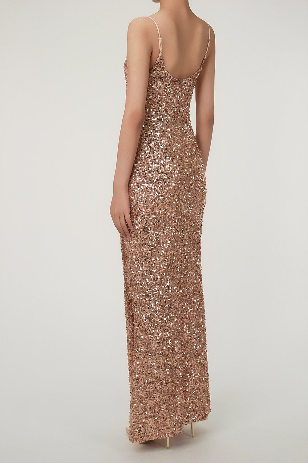 Sparkly Spaghetti Strap High Slit Sequin Maxi Dress - Bronze Gold