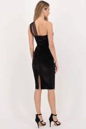Sparkly Tulle One Shoulder Velvet Cocktail Party Midi Dress - Black 3