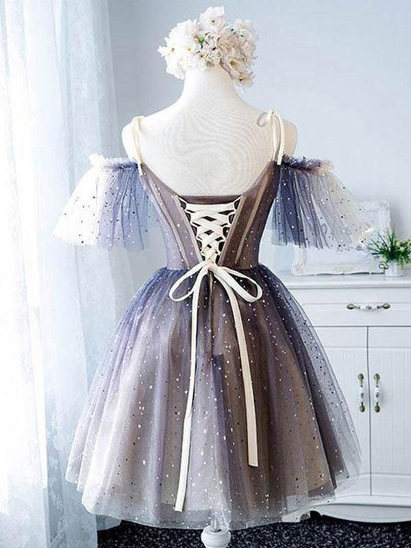 Sparkle Tulle Off Shoulder Tie Strap A-Line Homecoming Dress 3