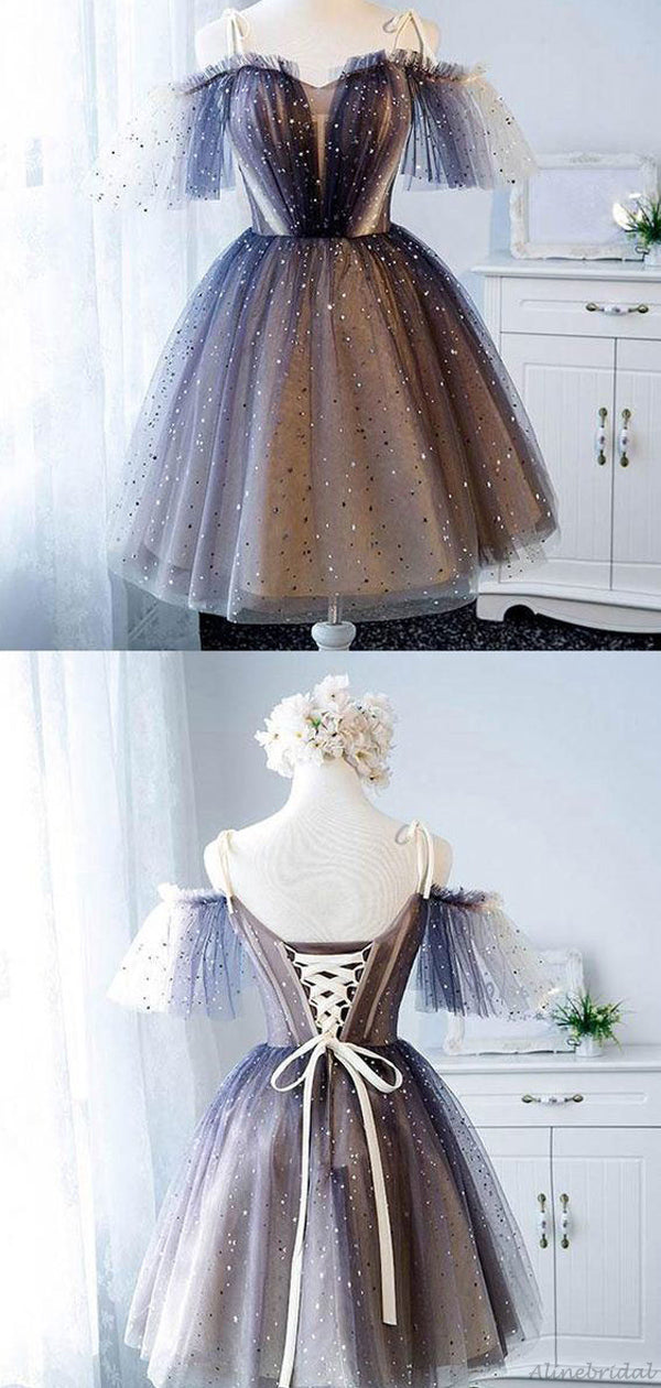 Sparkle Tulle Off Shoulder Tie Strap A-Line Homecoming Dress 2